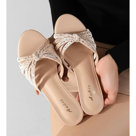 Nude White Heels for Women Strappy Low Kitten Heels Open Toe Dress Sandals - Picture 4 of 7